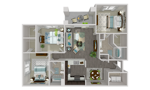 Floor plan for 3 beds, 2 baths, 1370 sqft